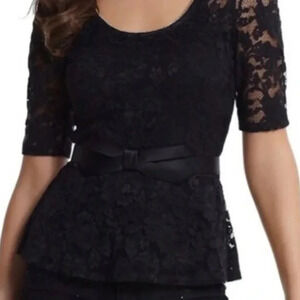 White House Black Market Black Lace Sheer Blouse Silver Beaded Collar Small